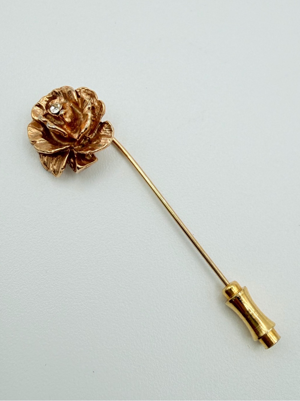 Vintage ML Gold Tone Rose Stick Pin Rhinestone Floral Lapel Pin